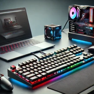 DALL·E 2024 07 10 09.01.17 A modern gaming setup featuring a retro mechanical keyboard with RGB lighting. The keyboard has 108 keys and a non slip design shown on a sleek desk 1