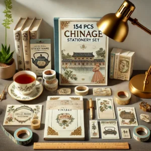 DALL·E 2024 07 10 09.07.41 A stylish vintage themed desk setup featuring the 154 Pcs China Vintage Stationery Set. The desk includes a variety of items from the set such as a 1