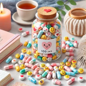 DALL·E 2024 07 10 09.13.07 A cute and colorful setup featuring a bottle filled with 100 mini message capsules with emoticons. The bottle is surrounded by a few open capsules sho 1