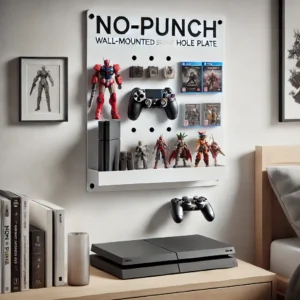 DALL·E 2024 07 10 09.30.42 A modern room setup featuring a no punch wall mounted storage hole plate used for organizing and displaying gaming equipment toy models and artwork 1