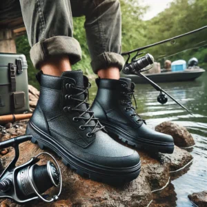 DALL·E 2024 07 10 09.37.40 A rugged outdoor scene featuring mens waterproof fishing shoes. The shoes are black ankle high rubber boots shown in a setting with water rocks an 1