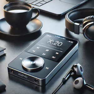 DALL·E 2024 07 10 10.28.26 A modern stylish setup featuring the Yophoon 4 Inch X20 New UI MP4 Music Player with a touch screen. The player is placed on a sleek desk with headph 1