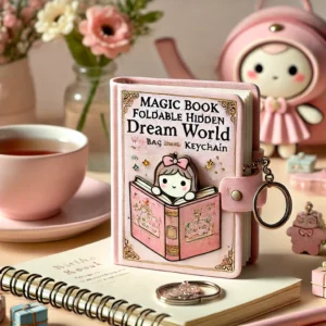DALL·E 2024 07 10 16.18.00 A charming and whimsical setup featuring the Magic Book Foldable Hidden Pink Dream World Women Bag Decor Pendant Keychain. The keychain is placed on a 1