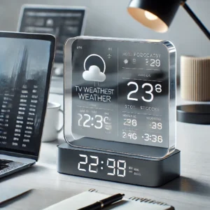 DALL·E 2024 07 11 06.16.34 A modern and stylish desktop setup featuring a small translucent TV weather forecast clock. The clock displays the date weather and stock informatio 1
