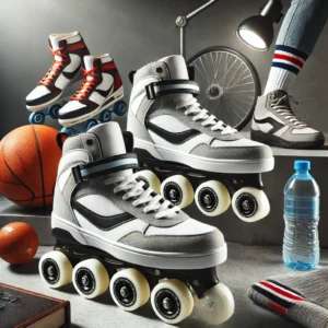DALL·E 2024 07 11 06.39.21 A stylish and dynamic setup featuring Roller Skating Shape Sports Shoes for men. The shoes are displayed on a modern background with sports equipment 1