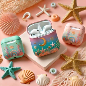 DALL·E 2024 07 11 06.53.32 A stylish and vibrant setup featuring the Colorful Sea Star Moon Fundas for AirPods. The protective covers are displayed on a clean surface with AirPo 1
