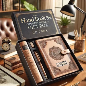 DALL·E 2024 07 11 07.10.32 A stylish and elegant setup featuring the Hand Book Set Gift Box. The set includes a beautifully crafted student notebook with an imitation leather co 1