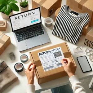 DALL·E 2024 07 11 18.34.31 A person preparing a fashion item for return in a neat and organized space. The scene includes a shipping box packing materials like tape and bubble 1