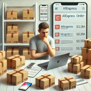 DALL·E 2024 07 11 18.39.59 A person looking at multiple parcels with a concerned expression in a neat and organized space. The scene includes a laptop open to an AliExpress ord 1