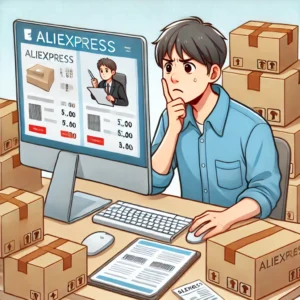 DALL·E 2024 07 11 19.04.41 A person looking concerned at a computer screen showing multiple AliExpress orders with parcels on a table and a notepad with tracking numbers. The e 1