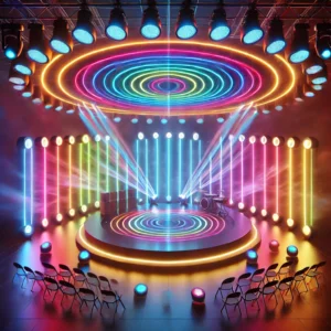 DALL·E 2024 07 12 06.21.58 A modern club or stage setup featuring vibrant colorful UCS2903 WS2811 RGB 360 degree colorful LED tubes arranged in multiple shapes. The scene is dy 1