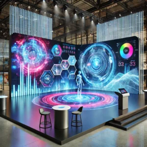 DALL·E 2024 07 12 06.25.45 A modern event setup featuring a large interactive projection system showcasing vibrant holographic displays. The scene should depict the projection 1