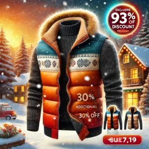 DALL·E 2024 07 13 06.23.09 A vibrant and cozy winter scene featuring a warm winter vest for men. The vest has a zippered front and standing collar ideal for casual wear in autu 17