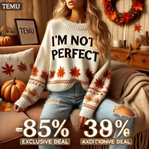 DALL·E 2024 07 13 07.28.28 A cozy autumn scene featuring a stylish Im Not Perfect letter print sweater for women. The sweater has a round neck and is ideal for casual wear in 13