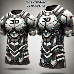 DALL·E 2024 07 14 06.28.59 A stylish and modern illustration of a mens oversized 3D armor shirt. The shirt should feature metallic style printing and have a trendy fashionable 1