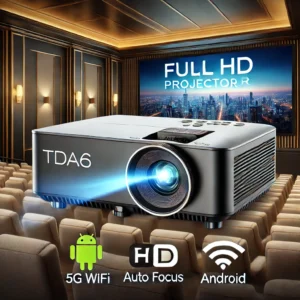 DALL·E 2024 07 14 06.42.46 A high quality and modern illustration of the ThundeaL TDA6 Full HD Projector. The projector should be shown in a home theater setting displaying a v 1
