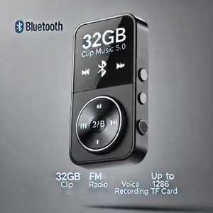 DALL·E 2024 07 14 06.55.05 A modern and sleek illustration of a 32GB clip MP3 music player with Bluetooth 5.0. The MP3 player should be shown with its clip feature supporting s 1