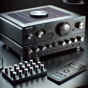 DALL·E 2024 07 15 07.01.05 An image of a sleek and modern combined amplifier based on NAIM NAC152 Preamp NAP200 set in a stylish audio setup. The amplifier should be prominen 1