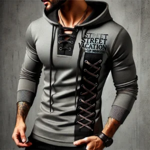 DALL·E 2024 07 16 09.23.37 A stylish mens solid color casual T shirt top with long sleeves slim fit and a pleated hood. The shirt should feature street vacation lace up patch 1