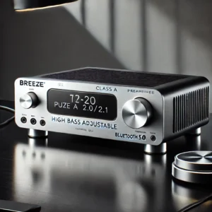 DALL·E 2024 07 16 09.25.57 A sleek and modern BREEZE Pure Class A 2.0 2.1 Channel Preamplifier in aluminum black and silver. The amplifier should be displayed in a stylish audio 1