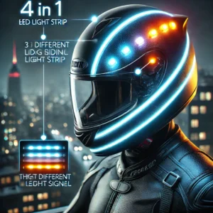 DALL·E 2024 07 16 12.22.29 An image of a motorcycle helmet equipped with a 4 in 1 EL Light strip showing its night riding signal capabilities. The helmet should be illuminated 1