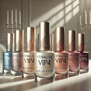 DALL·E 2024 07 17 06.03.41 A set of Venalisa VIP4 Nail Gel Polish bottles in various colors displayed in a stylish and clean setting. The gel polish should have a luxurious app 1