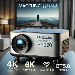 DALL·E 2024 07 17 06.09.35 A sleek and modern Magcubic Android 11 390ANSI HY320 Projector suitable for home cinema and outdoor use. Display the projector in a stylish and conte 1