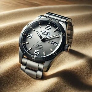 DALL·E 2024 07 17 06.12.18 A sleek and elegant ADDIESDIVE Mens Watch with a sand dial 36mm quartz design 100m waterproof rating 316L stainless steel case and AR coated dome 1