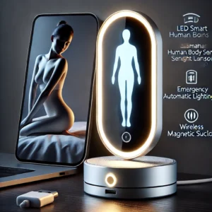 DALL·E 2024 07 17 06.18.19 A sleek and modern LED Smart Human Body Sensor Night Lamp highlighting its emergency automatic lighting USB charging and wireless magnetic suction 1
