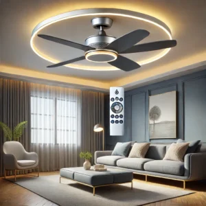 DALL·E 2024 07 17 06.26.25 A sleek and modern Smart Remote Control Ceiling Fan with LED Lighting highlighting its remote control feature elegant design and suitability for a 1