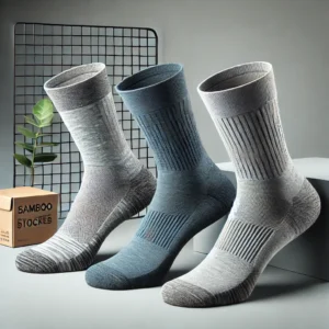 DALL·E 2024 07 17 06.29.36 A set of 5 pairs of breathable cotton sports stockings for men made from bamboo fiber suitable for autumn and winter. Display the socks in a stylish 1