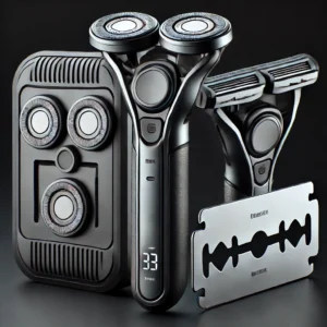DALL·E 2024 07 17 06.32.46 A sleek and modern mens razor with a three layer shaving design highlighting its reusable razor feature and imported blade. Display the razor in a s 1