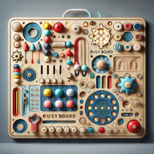DALL·E 2024 07 17 06.46.45 A detailed and colorful Montessori Busy Board Sensory Toy made of wood featuring various interactive elements such as LED lights switches and diffe 1