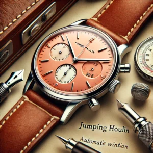 DALL·E 2024 07 20 07.21.33 An illustration of the Pierre Paulin Jumping Hour Men Watch with a salmon dial and 38mm case. The watch should be shown in a sophisticated setting hi 1