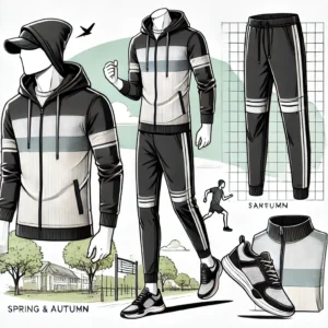 DALL·E 2024 07 20 07.27.36 An illustration of a mens sports suit for spring and autumn featuring a thin hooded sweater and casual running sportswear in a two piece set. The sp 1