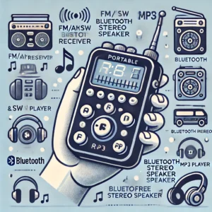 DALL·E 2024 07 20 07.31.12 An illustration of a portable mini radio with FM AM SW receiver Bluetooth stereo speaker and MP3 player features. Highlight its compact design with 1