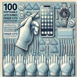 DALL·E 2024 07 20 07.34.04 An illustration of a set of 100 disposable latex rubber finger cots showcasing their use for phone and watch repair. Display the finger cots in a nea 1