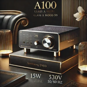 DALL·E 2024 07 22 06.42.48 A sleek and modern power amplifier the Weiliang A100 class A Hood 1969 displayed in an elegant and sophisticated setting. The amplifier is shown hig 1