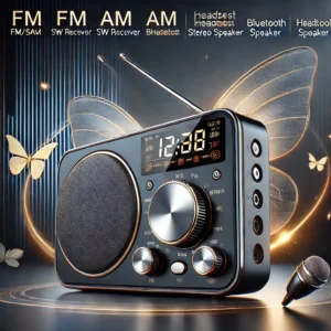 DALL·E 2024 07 22 06.48.04 A modern and sleek portable mini radio with an LCD display featuring FM AM SW receiver and Bluetooth stereo speaker capabilities. The radio is compac 1