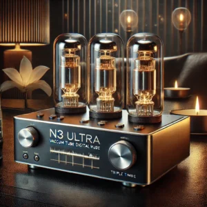 DALL·E 2024 07 22 08.18.35 A high end digital audio player the Cayin N3Ultra NOS Vacuum Tube Digital Audio Player displayed in an elegant and sophisticated setting. The player 1