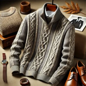 DALL·E 2024 07 22 08.22.04 A stylish and cozy mens autumn and winter sweater with long sleeves and a standing collar. The sweater features a twisted jacquard pattern and is sho 1
