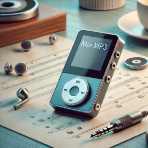 DALL·E 2024 07 22 08.25.09 A small and portable mini MP3 player with an LCD screen and a 3.5mm audio jack. The device is shown in an elegant and casual setting emphasizing its 1