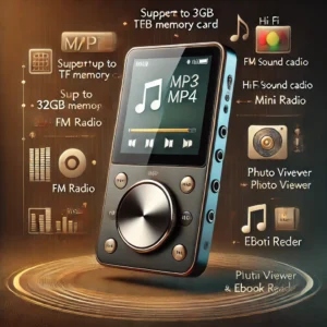 DALL·E 2024 07 22 08.28.19 A modern and compact MP3 MP4 player with a 1.8 inch LCD screen. The device is shown in an elegant and casual setting emphasizing its versatility and 1
