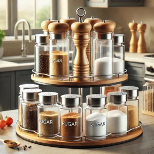 DALL·E 2024 07 22 08.50.39 A stylish and practical spice jar set with a rotating glass organizer rack. The set includes glass seasoning bottles sugar pepper bottles and salt 1