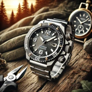 DALL·E 2024 07 22 09.06.51 A stylish and rugged Boderry Voyager Field Watch with a titanium automatic dive wristwatch design. The watch features a 100M waterproof rating a tita 1
