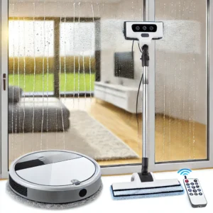 DALL·E 2024 07 22 09.10.36 A modern and efficient household window cleaning robot vacuum cleaner in action. The device is shown cleaning a large glass window with water spray r 1