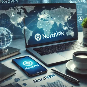 DALL·E 2024 07 22 19.05.48 A high quality image showing a laptop and a smartphone both displaying the NordVPN logo on their screens set on a modern desk with a cup of coffee a 5