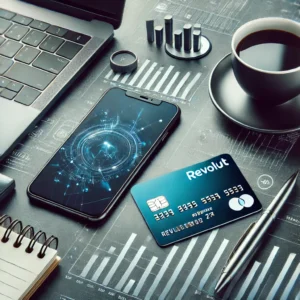DALL·E 2024 07 22 19.29.49 A modern and sleek image showing a smartphone and a credit card with the Revolut logo on them placed on a stylish desk with a laptop a coffee cup a 4