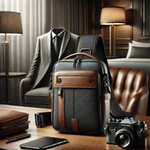 DALL·E 2024 07 23 06.34.03 A stylish and appealing image of a business mens chest bag showcasing its multifunctional and waterproof features. The setting should be modern and 15
