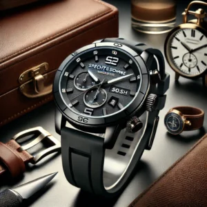 DALL·E 2024 07 23 06.38.22 A stylish and appealing image of a SpechtSohne male quartz sports wristwatch featuring a rubber strap and waterproof design. The watch should be pro 11